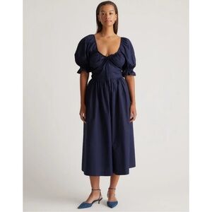 Quince Navy Blue Organic Cotton Puff Sleeve Midi Dress sz XS Women's NWT
